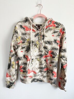 Vintage Y2K Lucky Brand Japanese Crane and Bonsai Tree Button Hoodie Sweatshirt